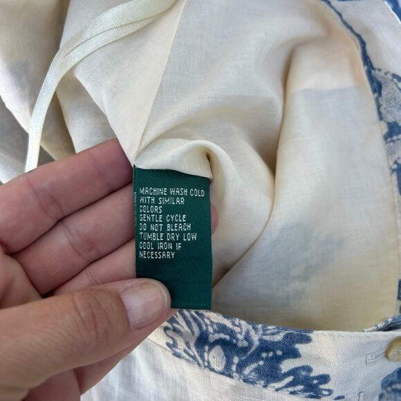 Vintage Ralph Lauren 90s Linen Button Front Midi Skirt Blue Floral 14 French - Picture 8 of 8